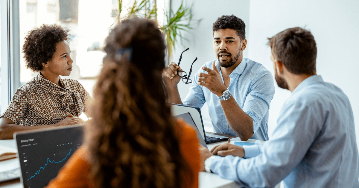 marketing team discussing marketing automation features