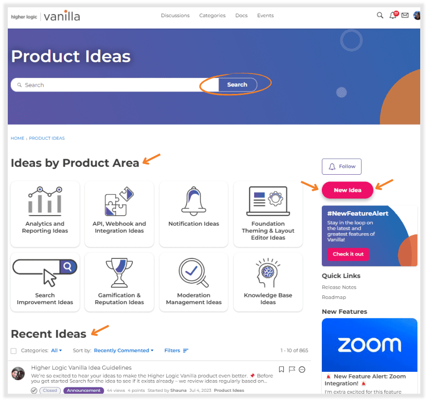 Higher Logic Vanilla community product ideation page