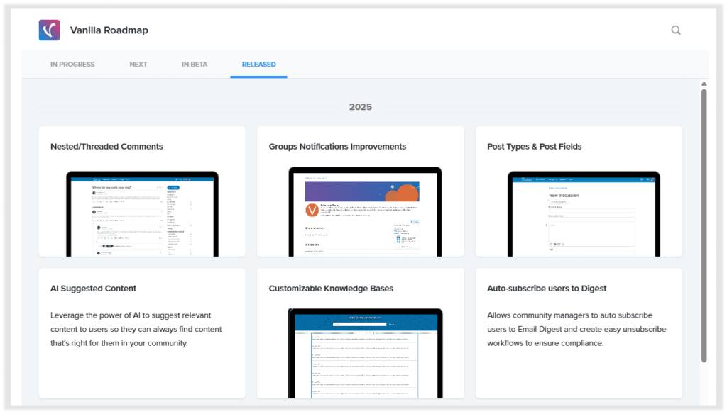 Higher Logic Vanilla product roadmap productboard integration